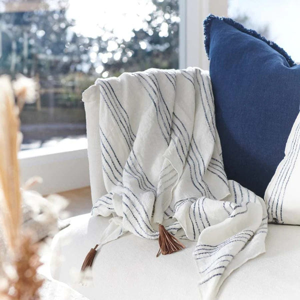 Rock Pool Linen Throw | White w Navy Stripes - Eadie - Coco Blue