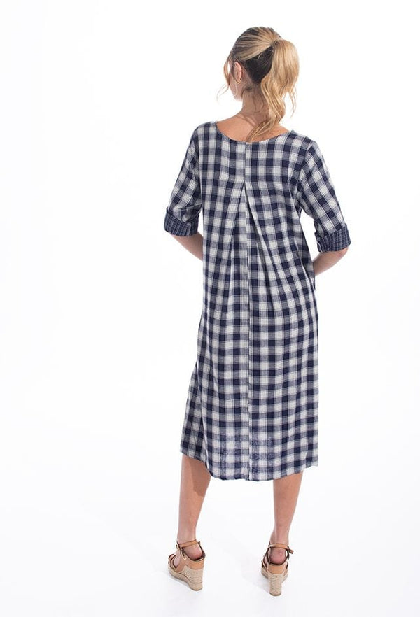 3/4 Sleeve Luxe Dress | Navy Check - Fujinella - Coco Blue