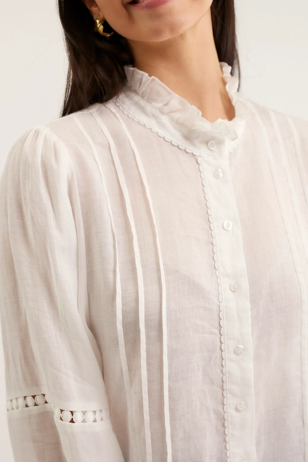 Close-up of a white blouse with intricate details on a plain background