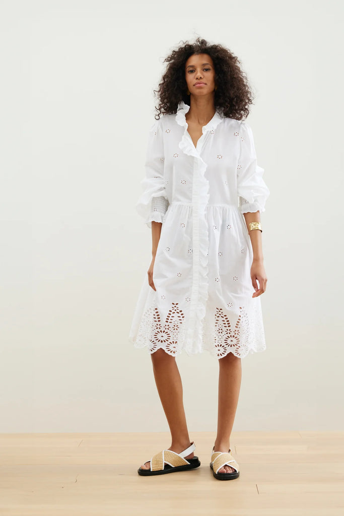 the Puerto Escondido Dress from Binny is a super cute, ultra light, cotton voile dress with delicate broderie embroidery on the hem