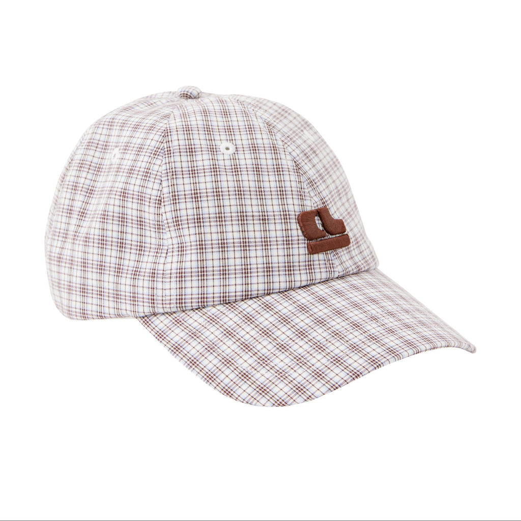Plaid baseball cap with a brown logo on a white background