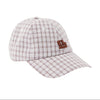 Plaid baseball cap with a brown logo on a white background