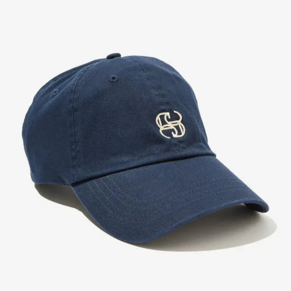 A navy blue 5-panel cap with an embroidered logo on the front.