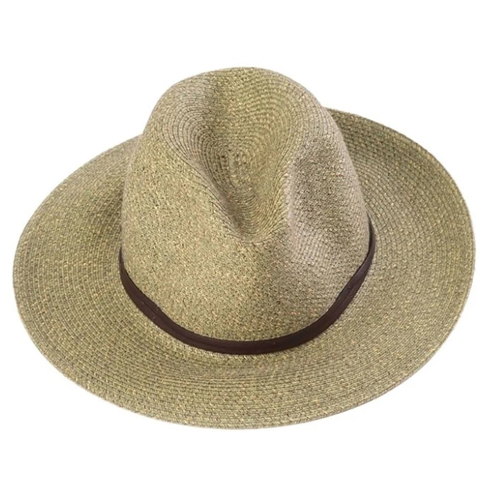 Beige straw hat with a brown band on a white background