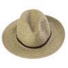 Beige straw hat with a brown band on a white background