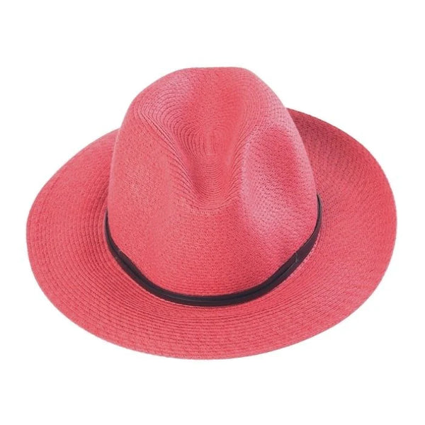 Pink straw hat with a black band on a white background