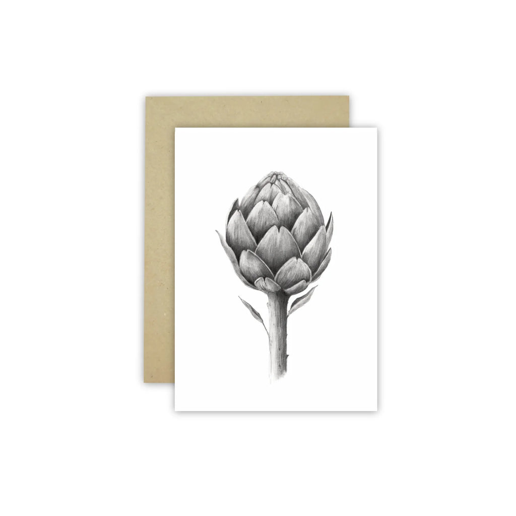 White gift card with black pencil drawing of an artichoke head. Drawn by australian artist Cathy Hamilton.