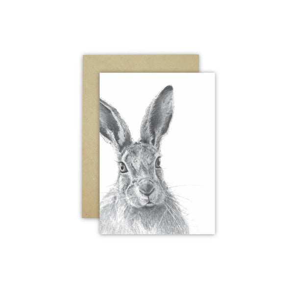 White gift card with black pencil drawing of a hare head. Drawn by australian artist Cathy Hamilton.