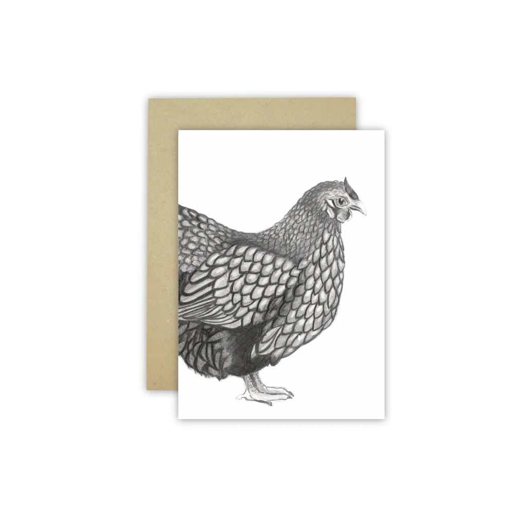 White gift card with black pencil drawing of a hen alongside a kraft envelope. Drawn by australian artist Cathy Hamilton.