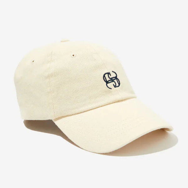 A beige 5-panel cap with an embroidered logo on the front.