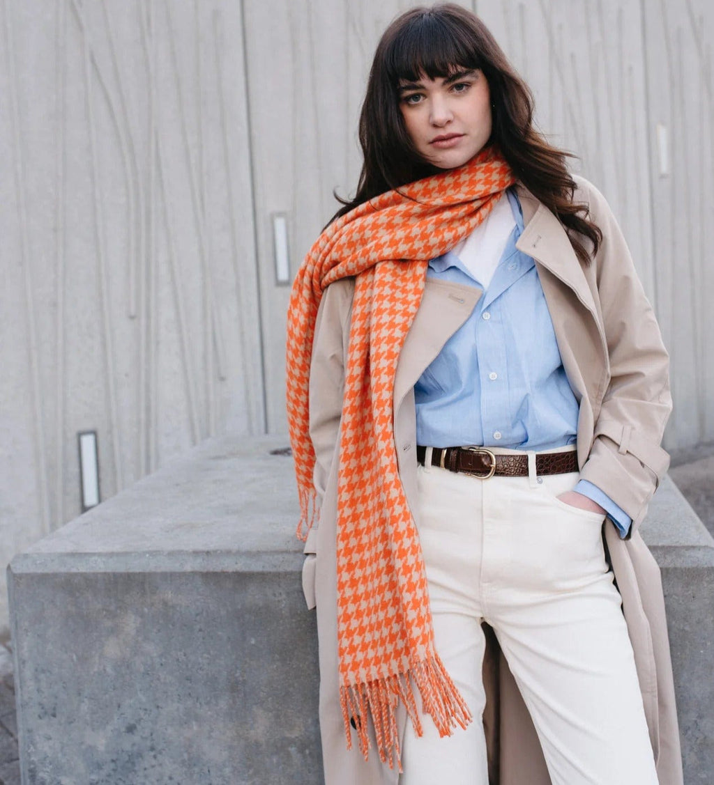 Lambswool Oversized Scarf | Orange Houndstooth - The Tartan Blanket Co - Coco Blue