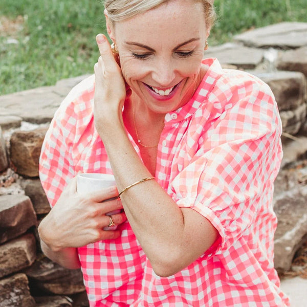 Neon Pink Gingham Short Sleeve Blouse - Sorority - Coco Blue