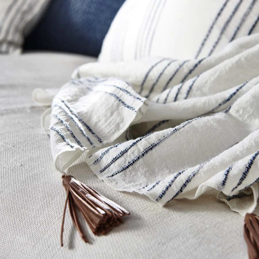 Rock Pool Linen Throw | White w Navy Stripes - Eadie - Coco Blue