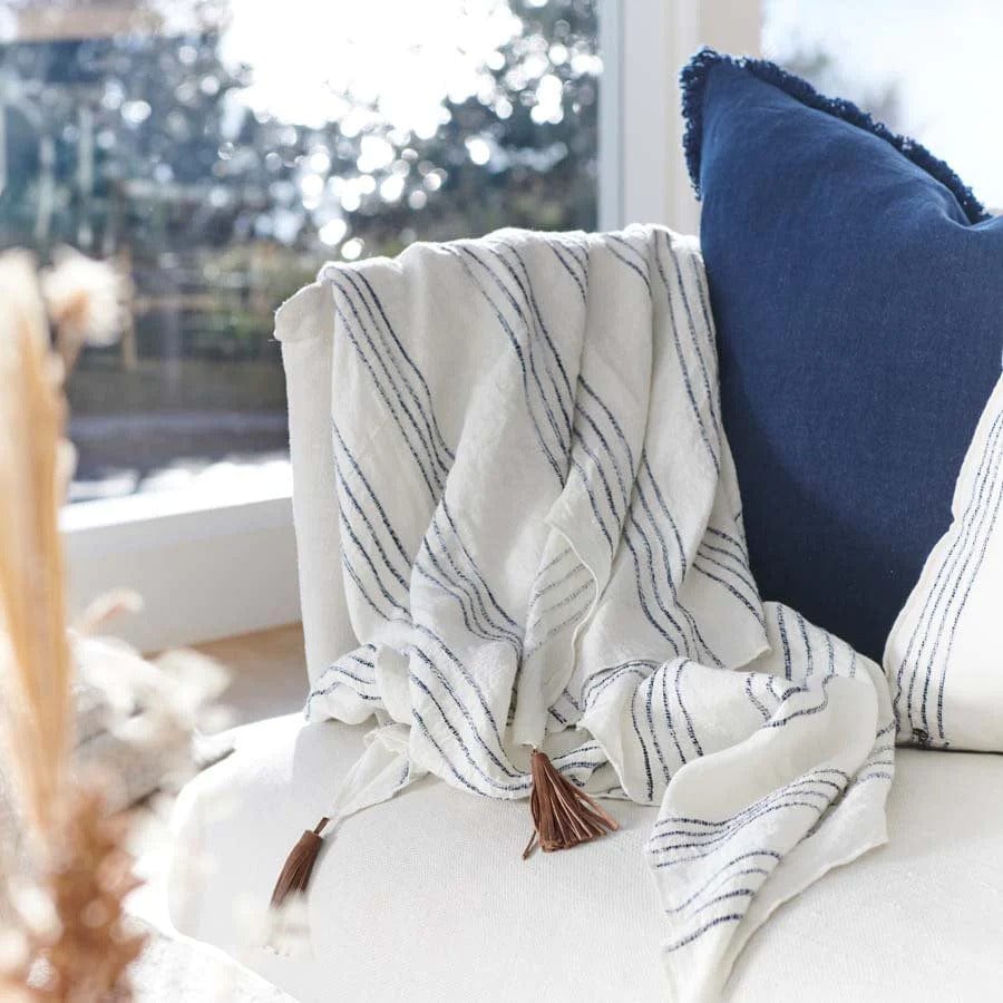 Rock Pool Linen Throw | White w Navy Stripes - Eadie - Coco Blue