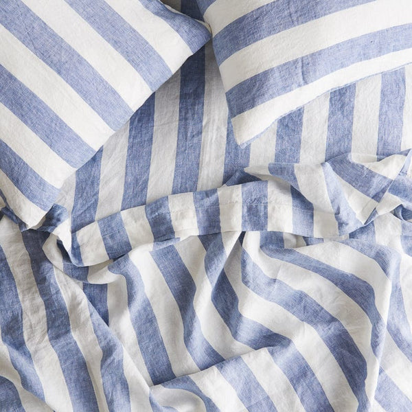 Chambray Stripe Fitted Sheet Single - Society of Wanderers - Coco Blue