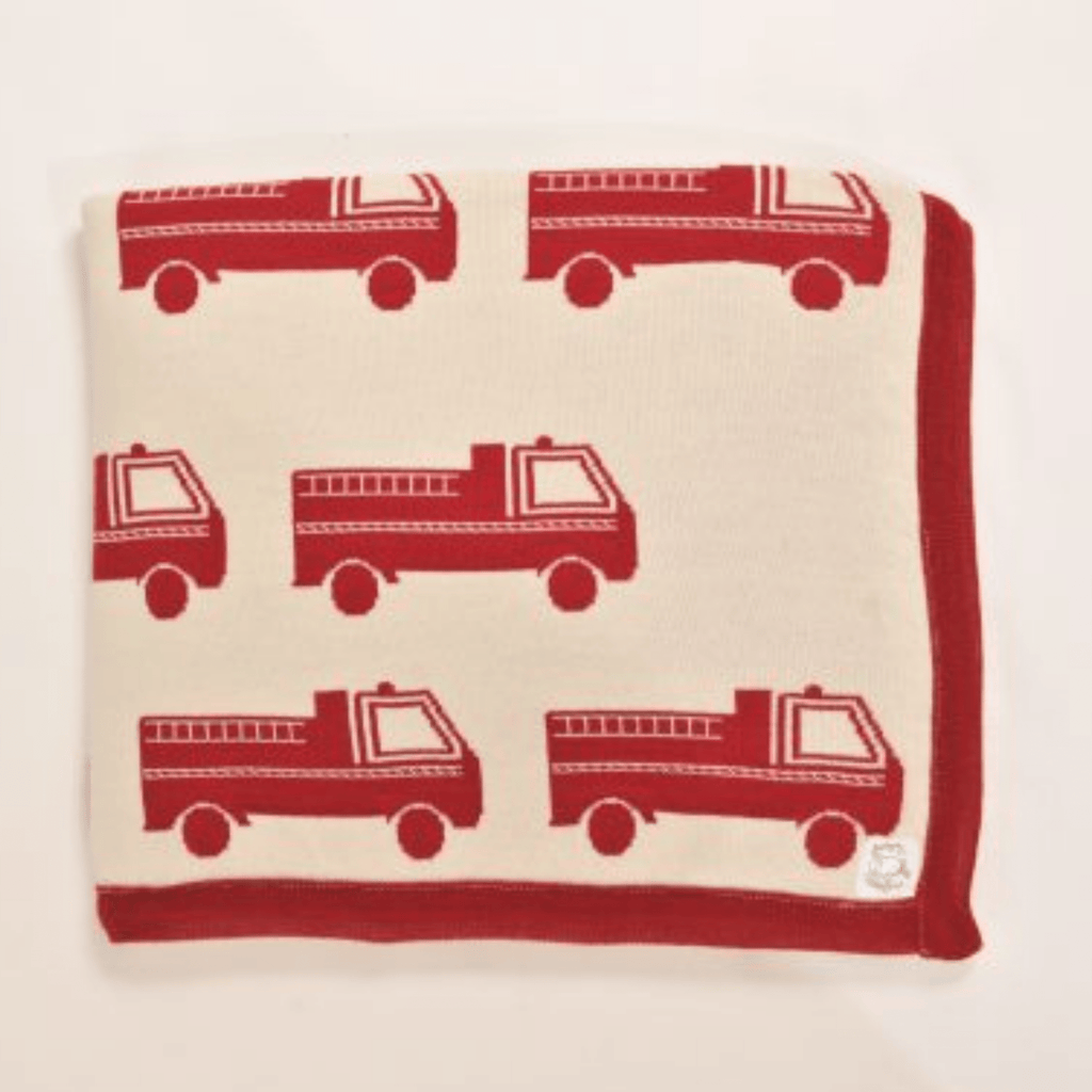 Woollen Baby Blanket | Red Firetrucks - Leroy Mac - Coco Blue